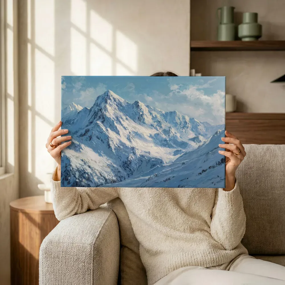 Sfeerimpressie: Besneeuwde bergketen onder wolkenlucht terwijl het omhoog wordt gehouden