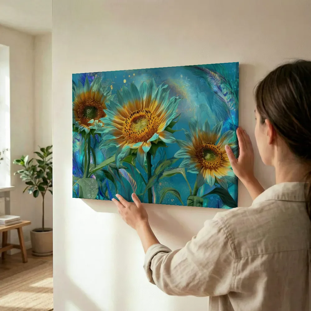 Sfeerimpressie: Betoverde turquoise zonnebloemen terwijl het wordt opgehangen
