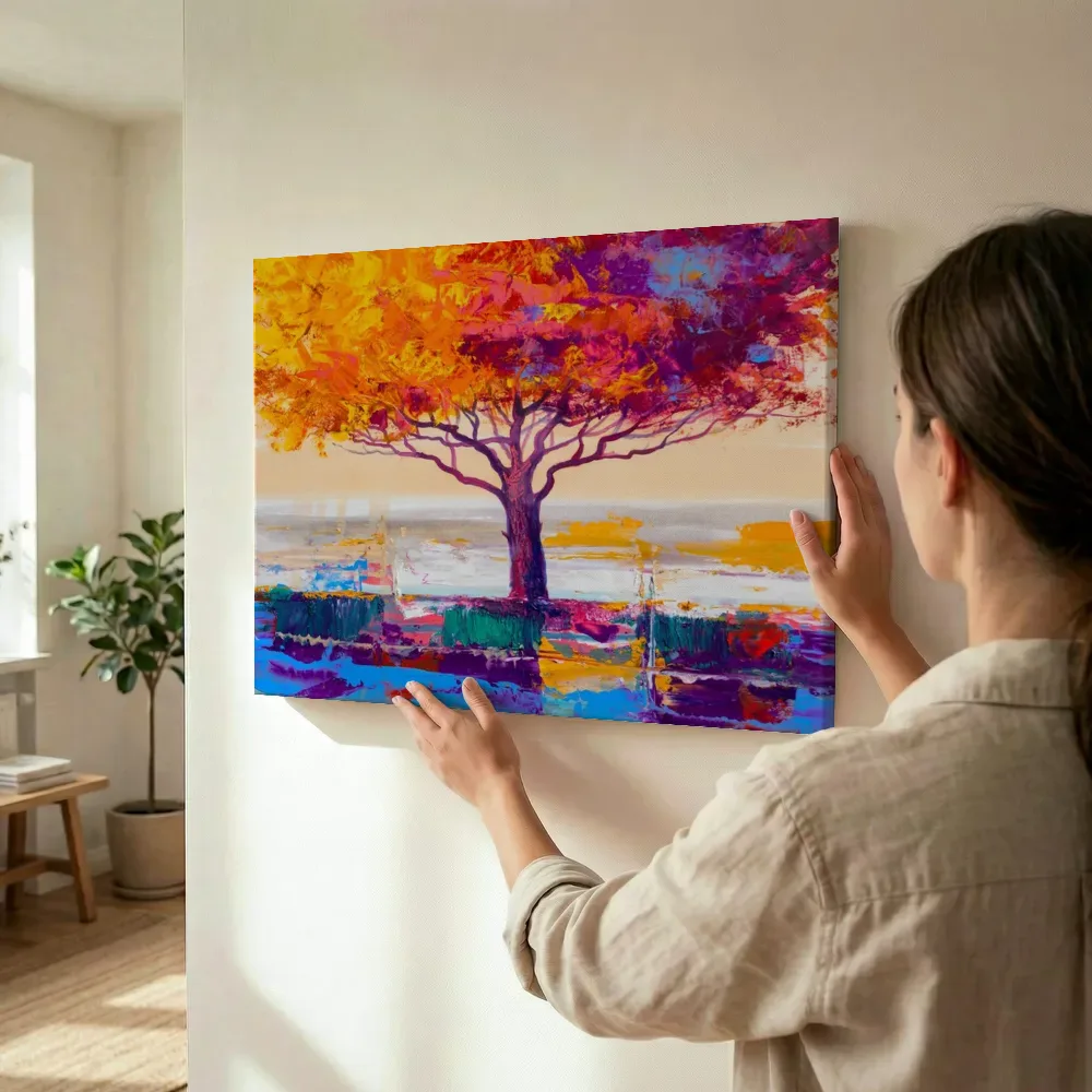 Sfeerimpressie: Betoverende herfstboom in kleur terwijl het wordt opgehangen