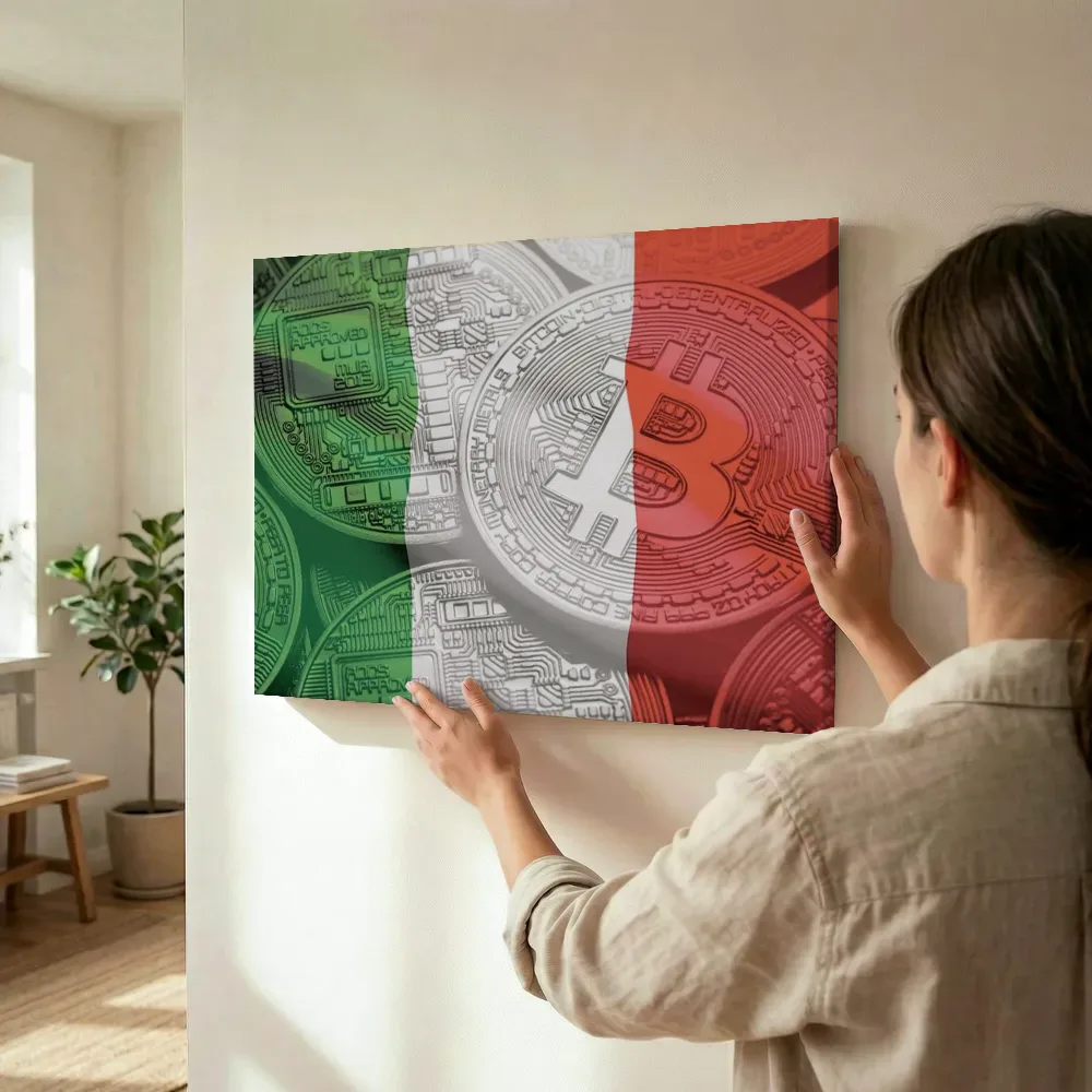Sfeerimpressie: Bitcoin in Italiaanse kleuren terwijl het wordt opgehangen
