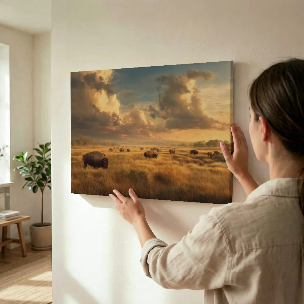 Sfeerimpressie: Bizonkudde onder een dramatische wolkenlucht terwijl het wordt opgehangen