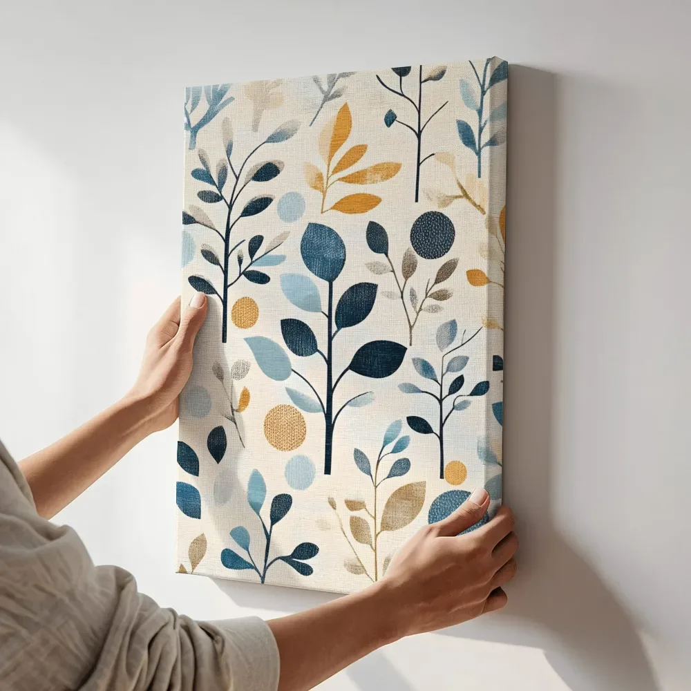 Sfeerimpressie: Bladpatroon in blauw en goud terwijl het aan de muur wordt gehangen