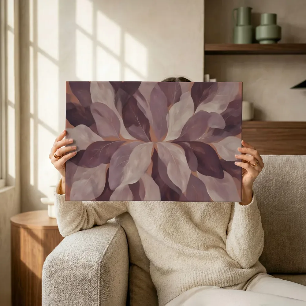 Sfeerimpressie: Bladpatroon Textured Minimalism in aubergine terwijl het omhoog wordt gehouden