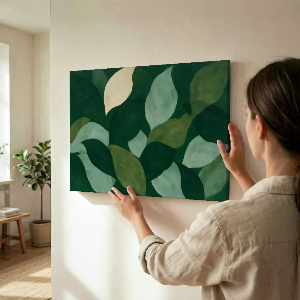 Sfeerimpressie: Bladpatroon Textured Minimalism in bosgroen terwijl het wordt opgehangen