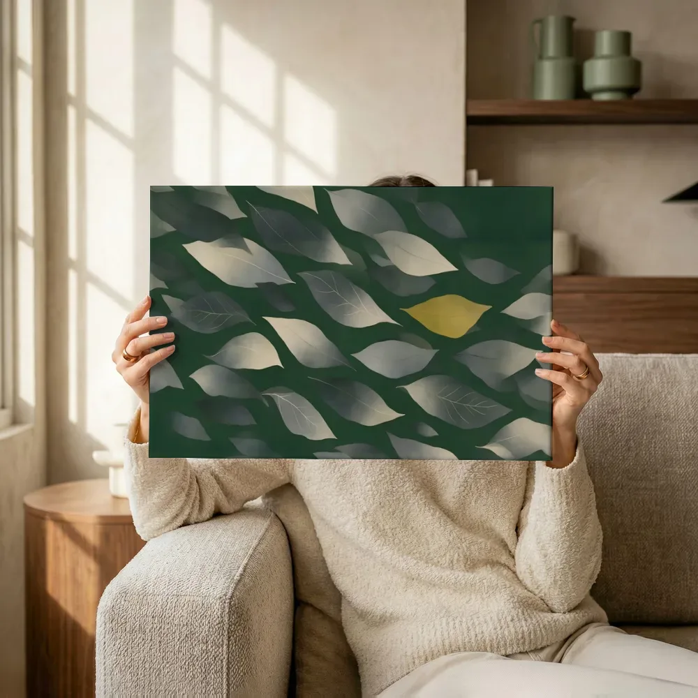 Sfeerimpressie: Bladpatroon Textured Minimalism in grafietgrijs 2 terwijl het omhoog wordt gehouden