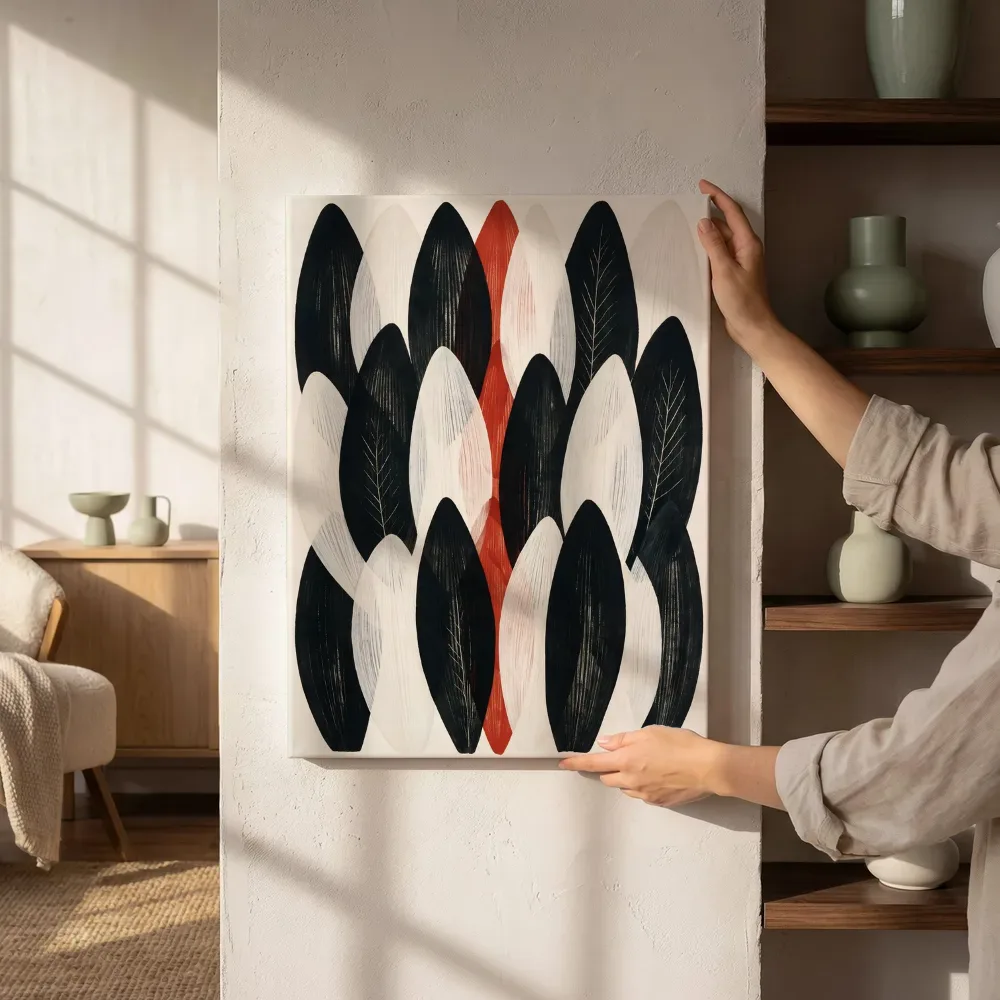 Sfeerimpressie: Bladpatroon Textured Minimalism in inktzwart naast de kast