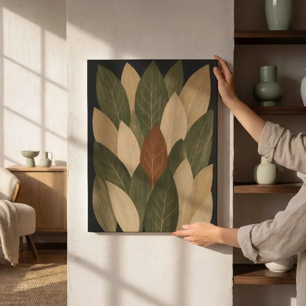 Sfeerimpressie: Bladpatroon Textured Minimalism in olijfgroen 2 naast de kast