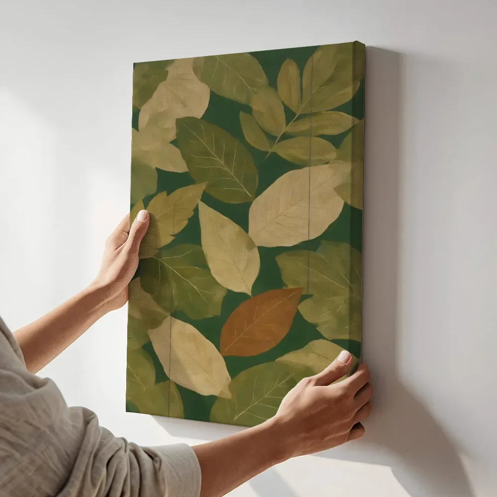 Sfeerimpressie: Bladpatroon Textured Minimalism in olijfgroen terwijl het aan de muur wordt gehangen