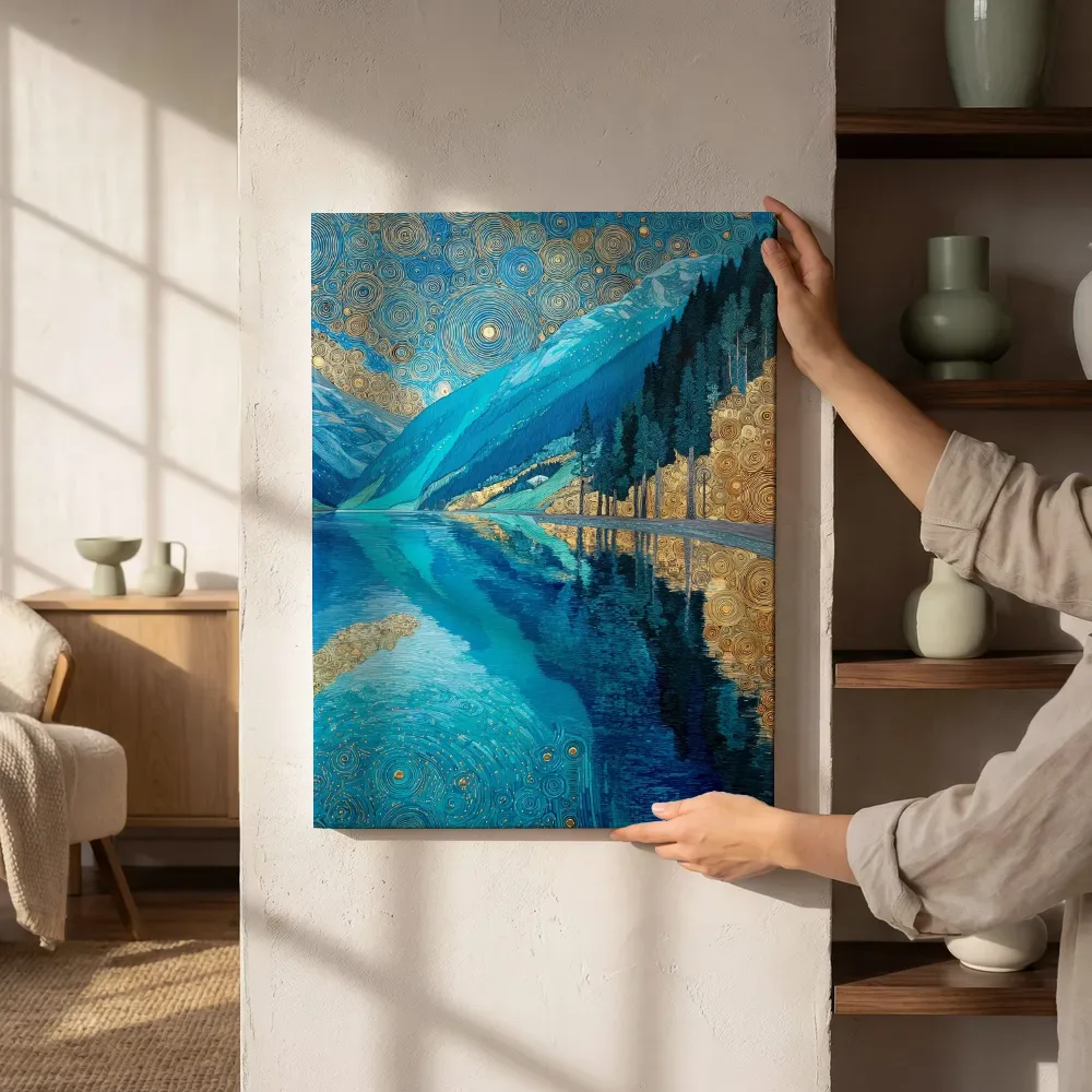 Sfeerimpressie: Blauw bergmeer met sterrenhemel naast de kast