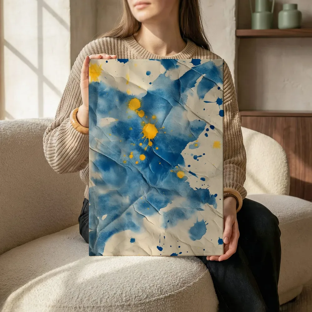 Sfeerimpressie: Blauw-geel papiertextuur terwijl het zittend wordt getoond