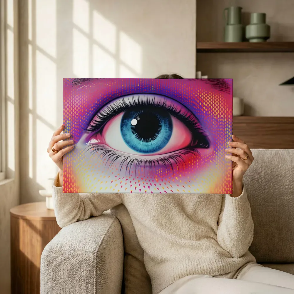 Sfeerimpressie: Blauw oog met neonpatroon terwijl het omhoog wordt gehouden