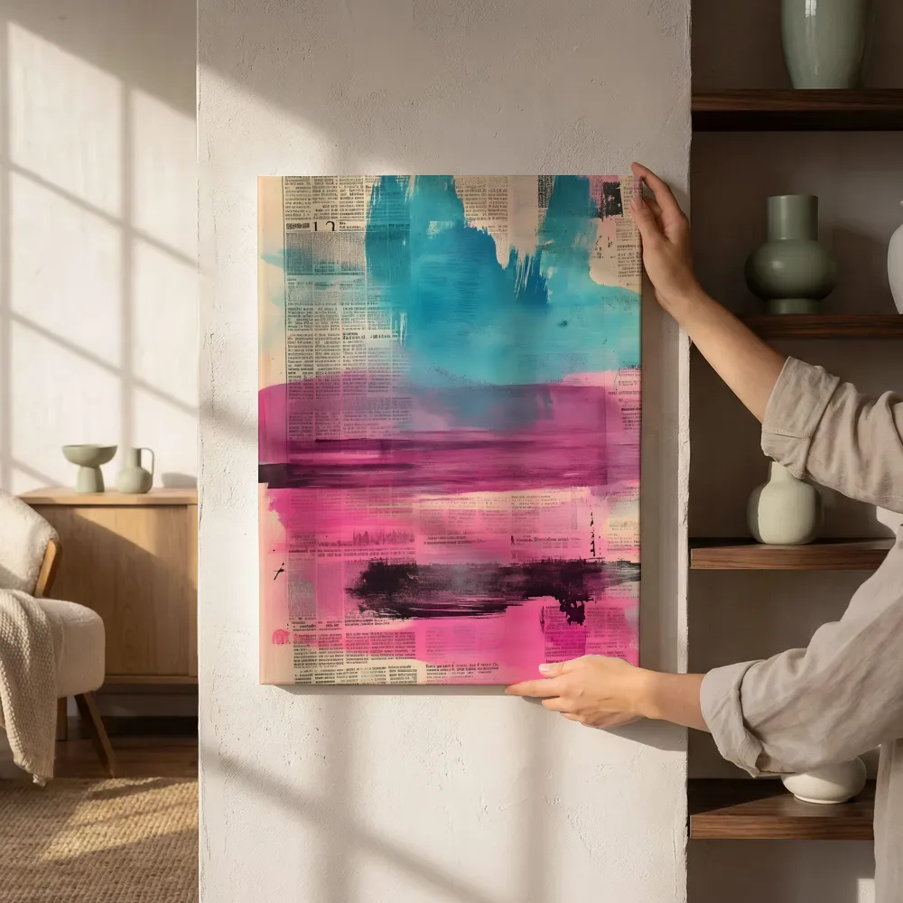 Sfeerimpressie: Blauw roze penseelvlakken naast de kast