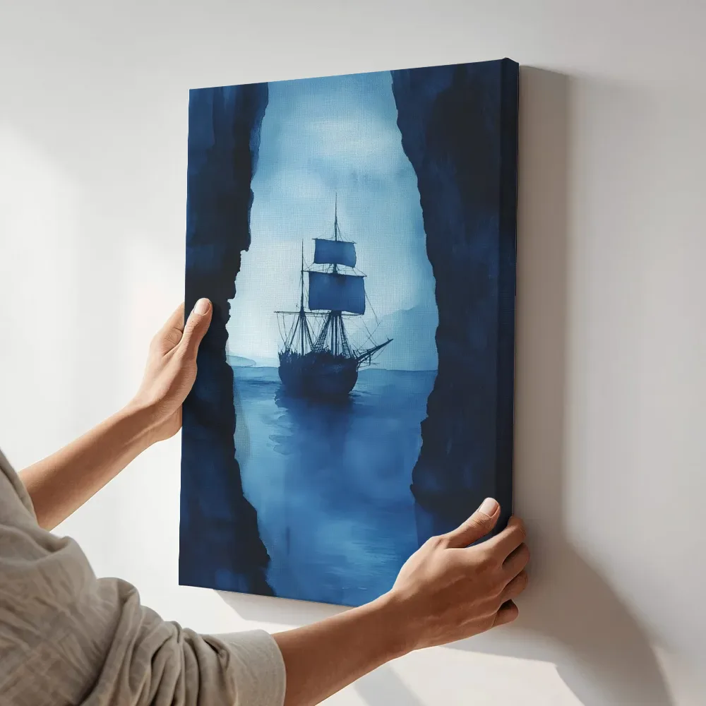 Sfeerimpressie: Blauw zeilschip in kloof terwijl het aan de muur wordt gehangen