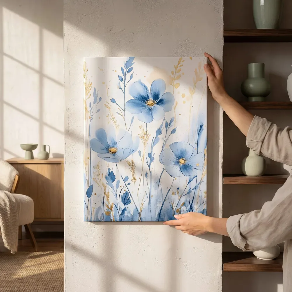 Sfeerimpressie: Blauwe anemonen met gouden grassen naast de kast