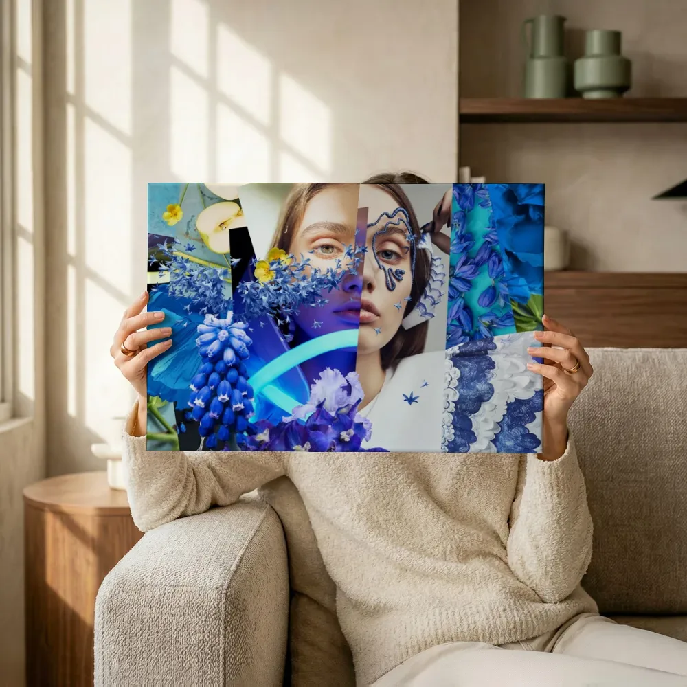 Sfeerimpressie: Blauwe bloemen fashion collage terwijl het omhoog wordt gehouden