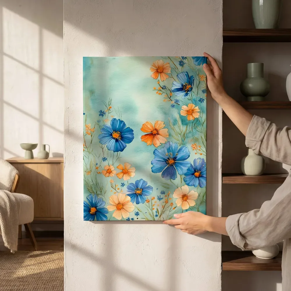 Sfeerimpressie: Blauwe en oranje cosmos naast de kast