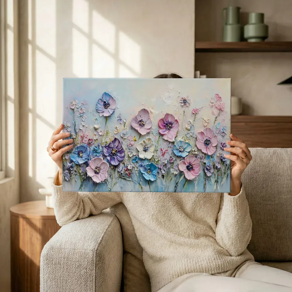 Sfeerimpressie: Blauwe en roze bloemen in reliëf terwijl het omhoog wordt gehouden