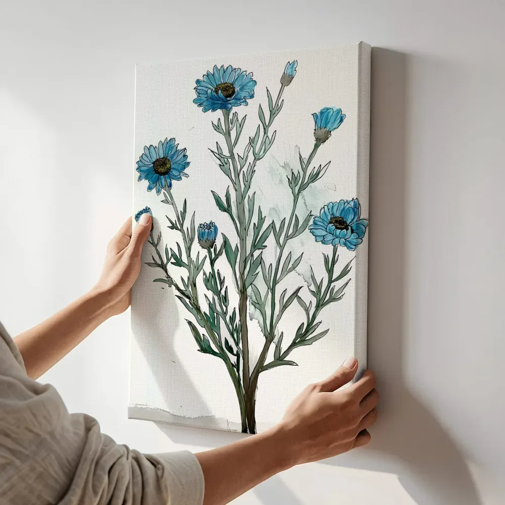 Sfeerimpressie: Blauwe gerbera bloemen schets terwijl het aan de muur wordt gehangen
