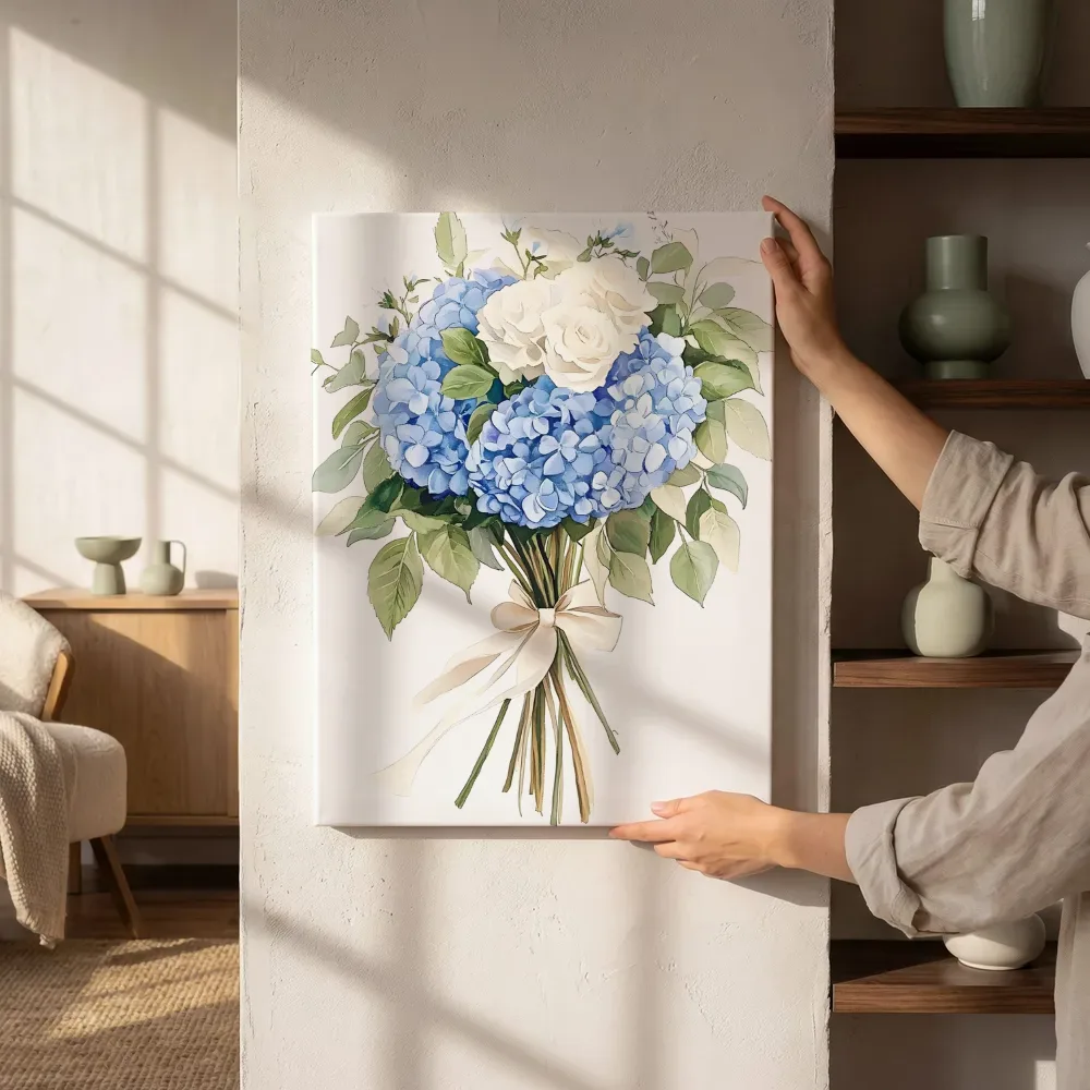 Sfeerimpressie: Blauwe hortensia bruidsboeket naast de kast