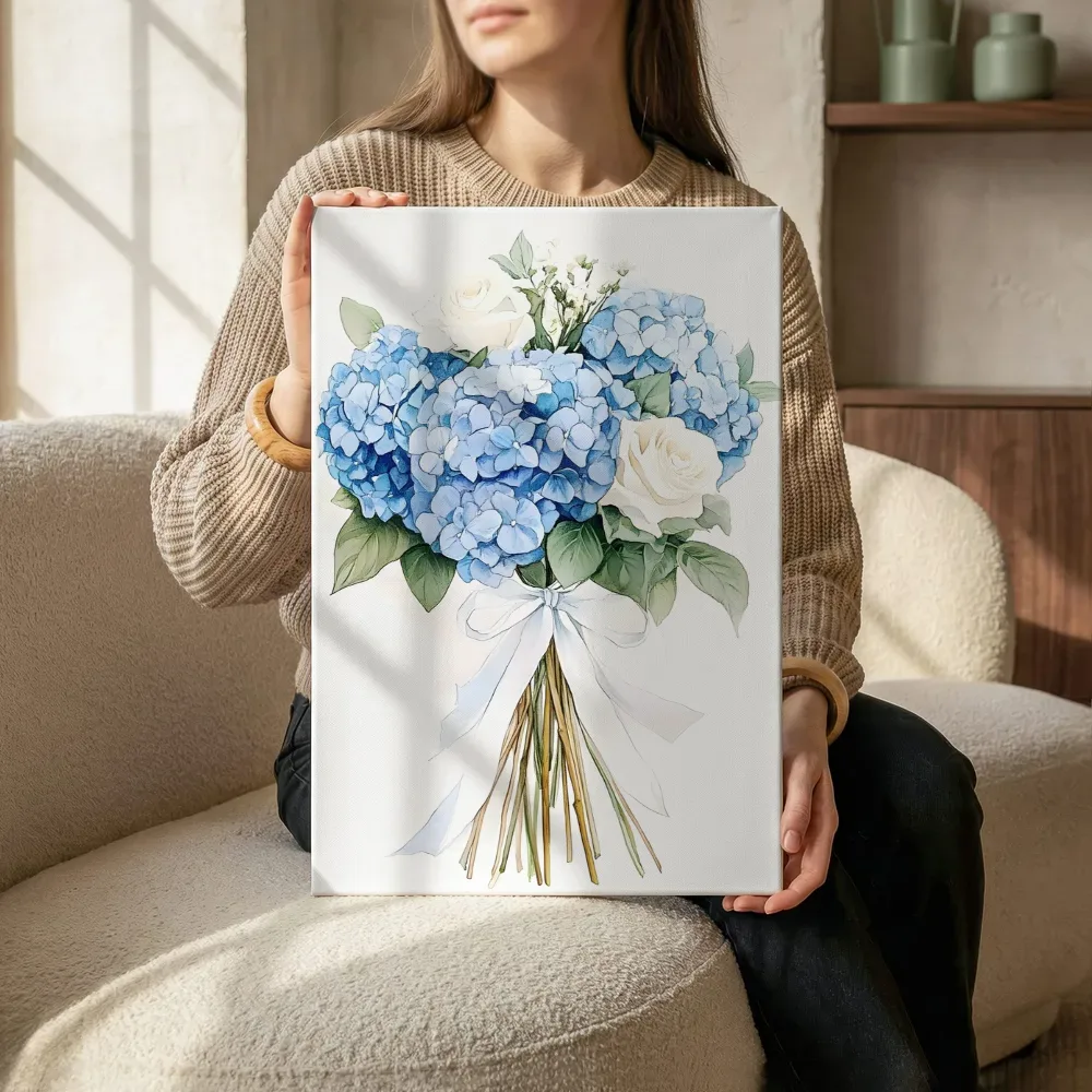 Sfeerimpressie: Blauwe hortensia en witte rozen boeket terwijl het zittend wordt getoond