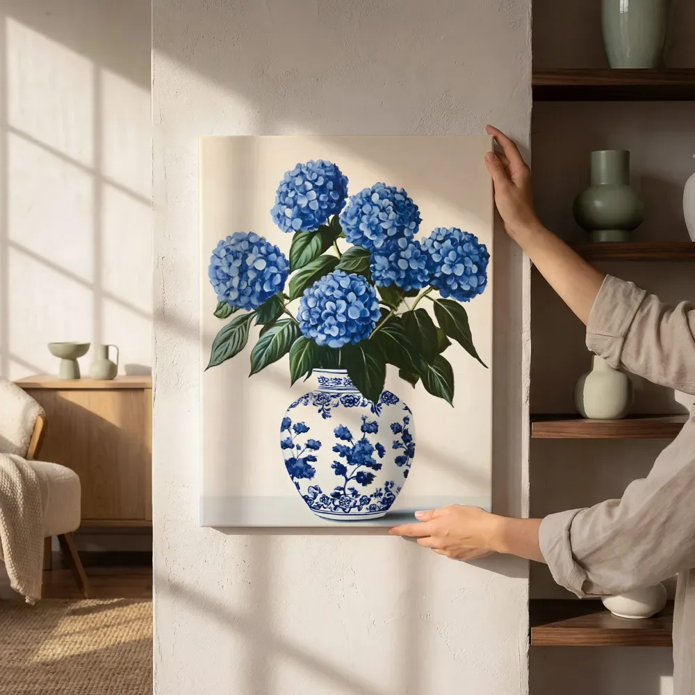 Sfeerimpressie: Blauwe hortensia in porseleinen vaas naast de kast