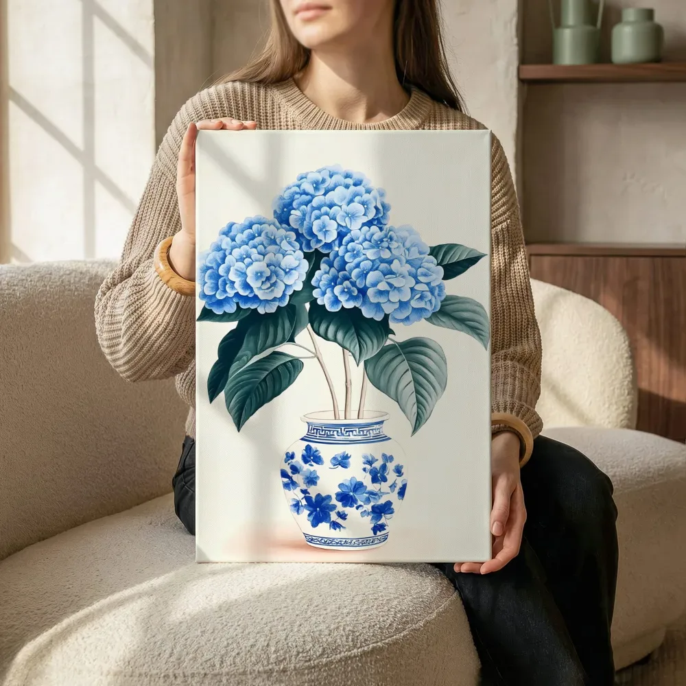 Sfeerimpressie: Blauwe hortensia in vaas terwijl het zittend wordt getoond