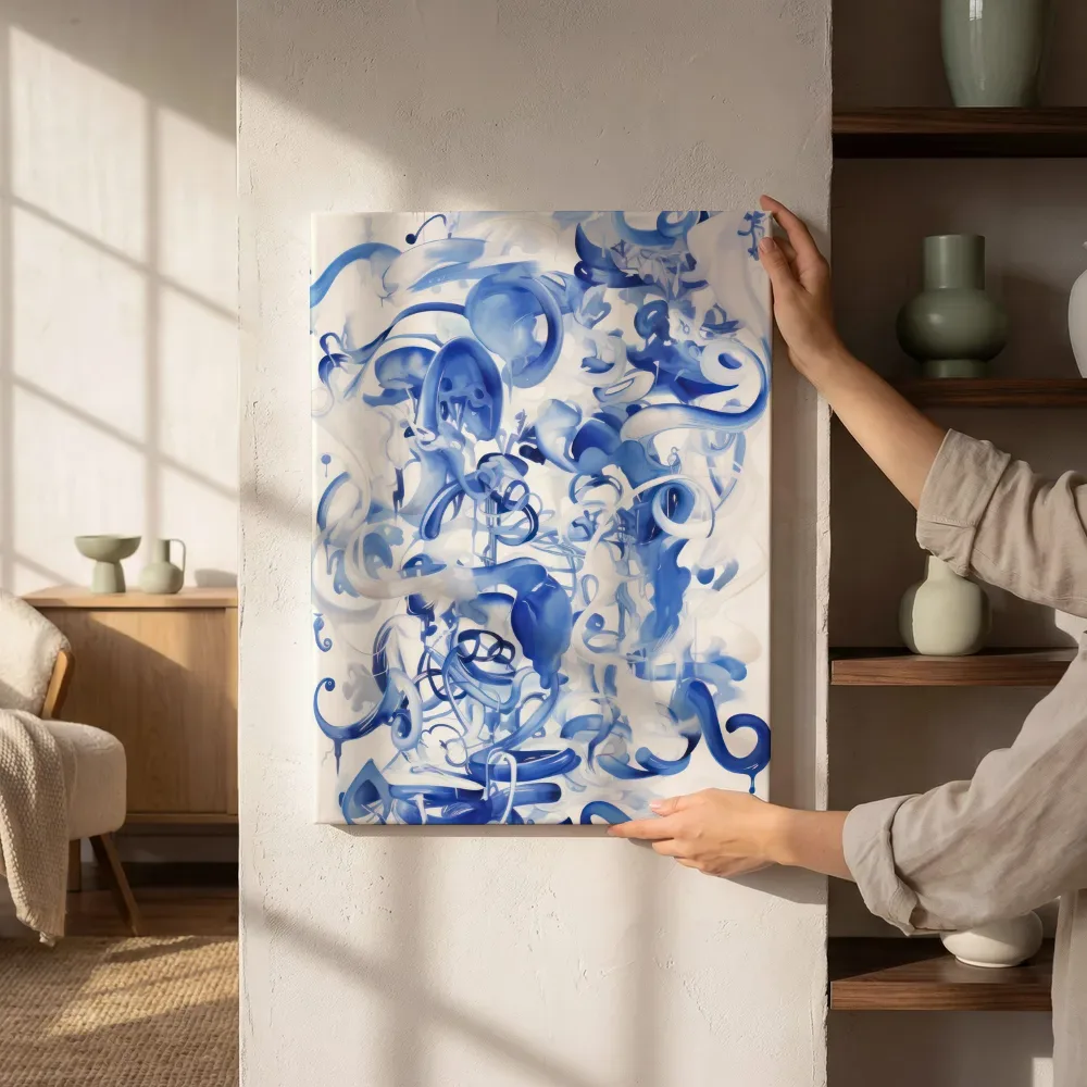 Sfeerimpressie: Blauwe kalligrafie naast de kast
