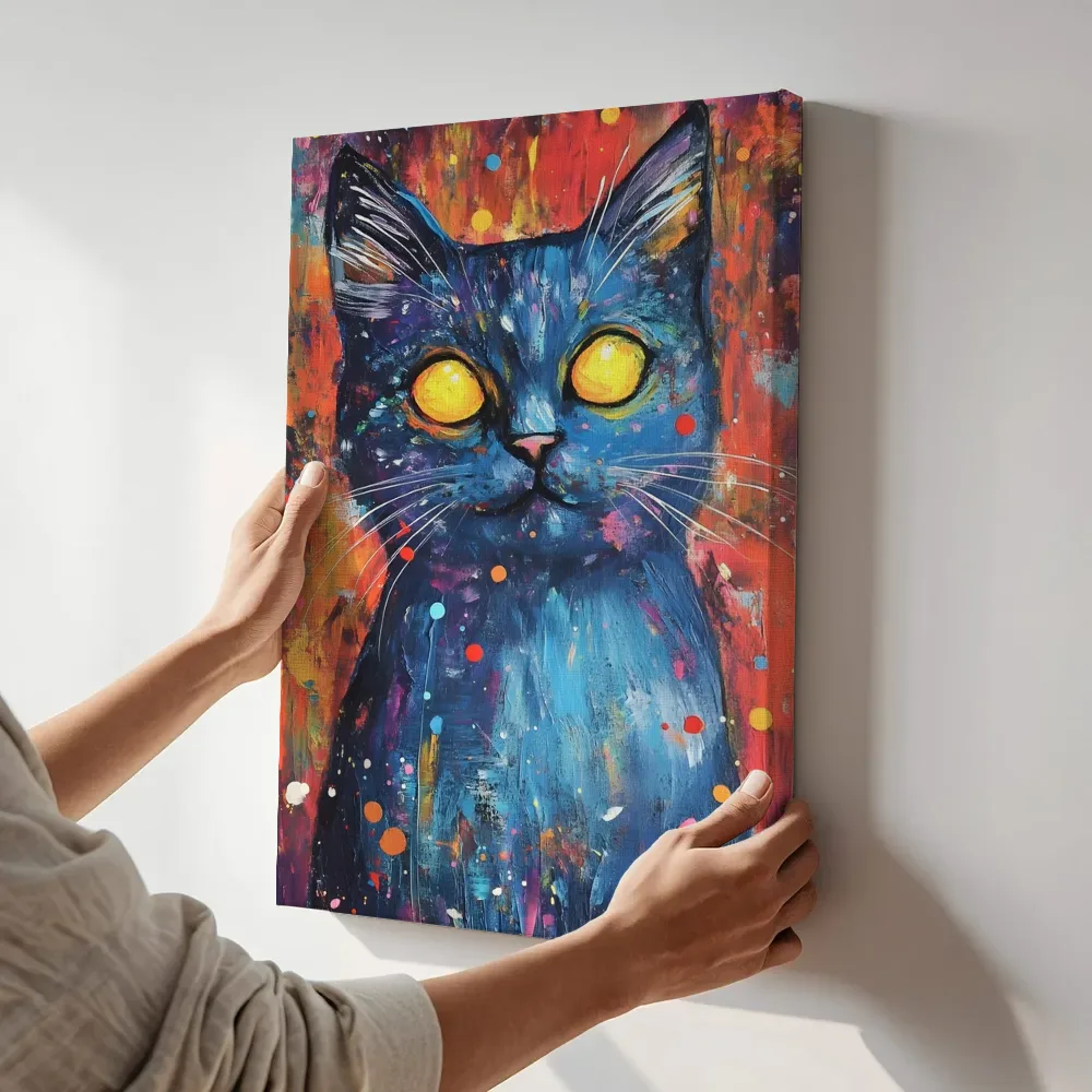 Sfeerimpressie: Blauwe kat gloeiende ogen terwijl het aan de muur wordt gehangen