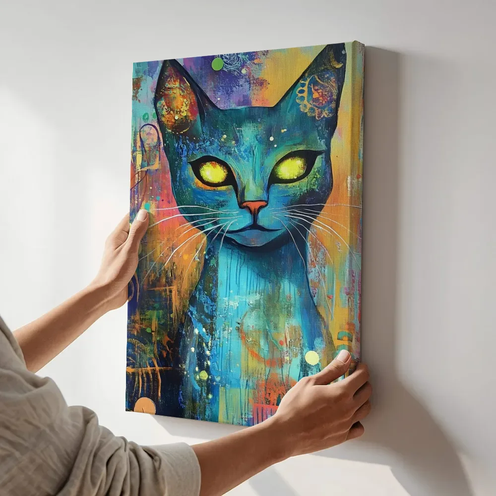 Sfeerimpressie: Blauwe kat met gloeiende ogen terwijl het aan de muur wordt gehangen