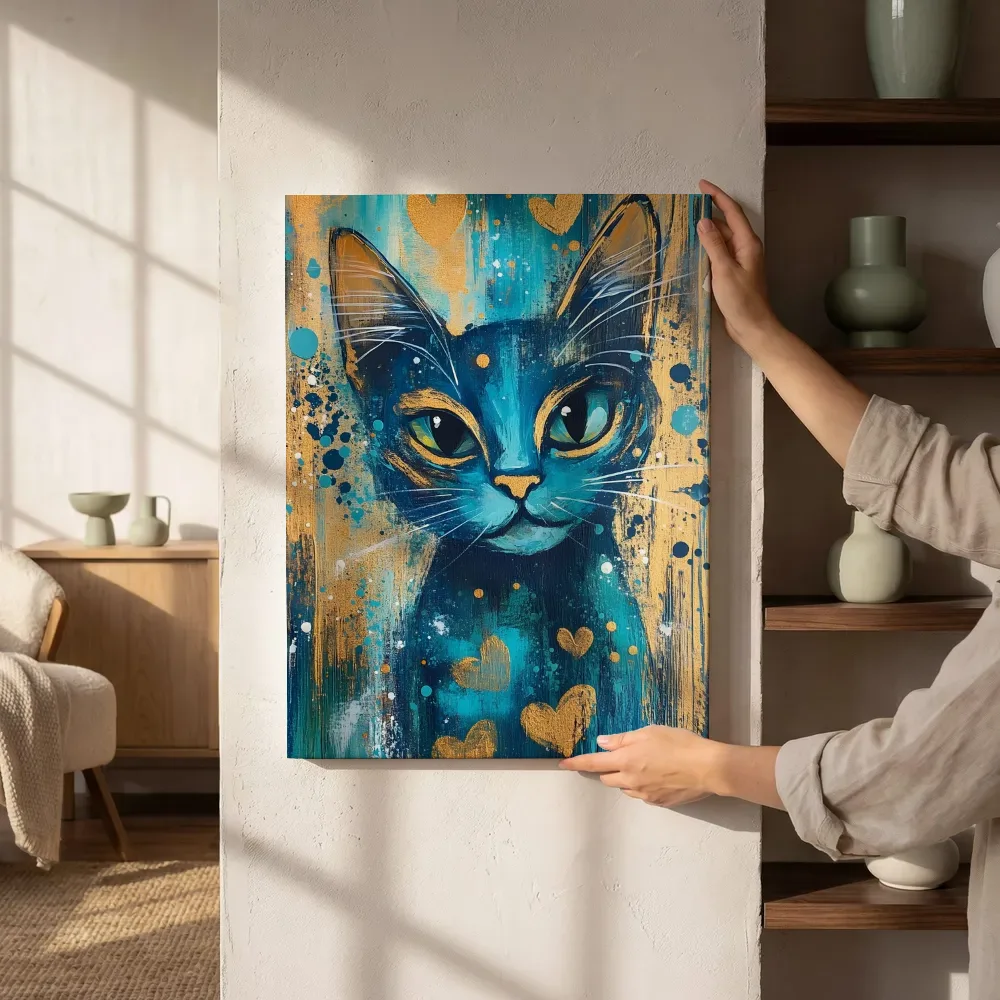 Sfeerimpressie: Blauwe kat met gouden hartjes naast de kast