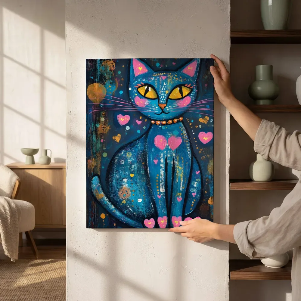Sfeerimpressie: Blauwe kat met hartjes schilderij naast de kast