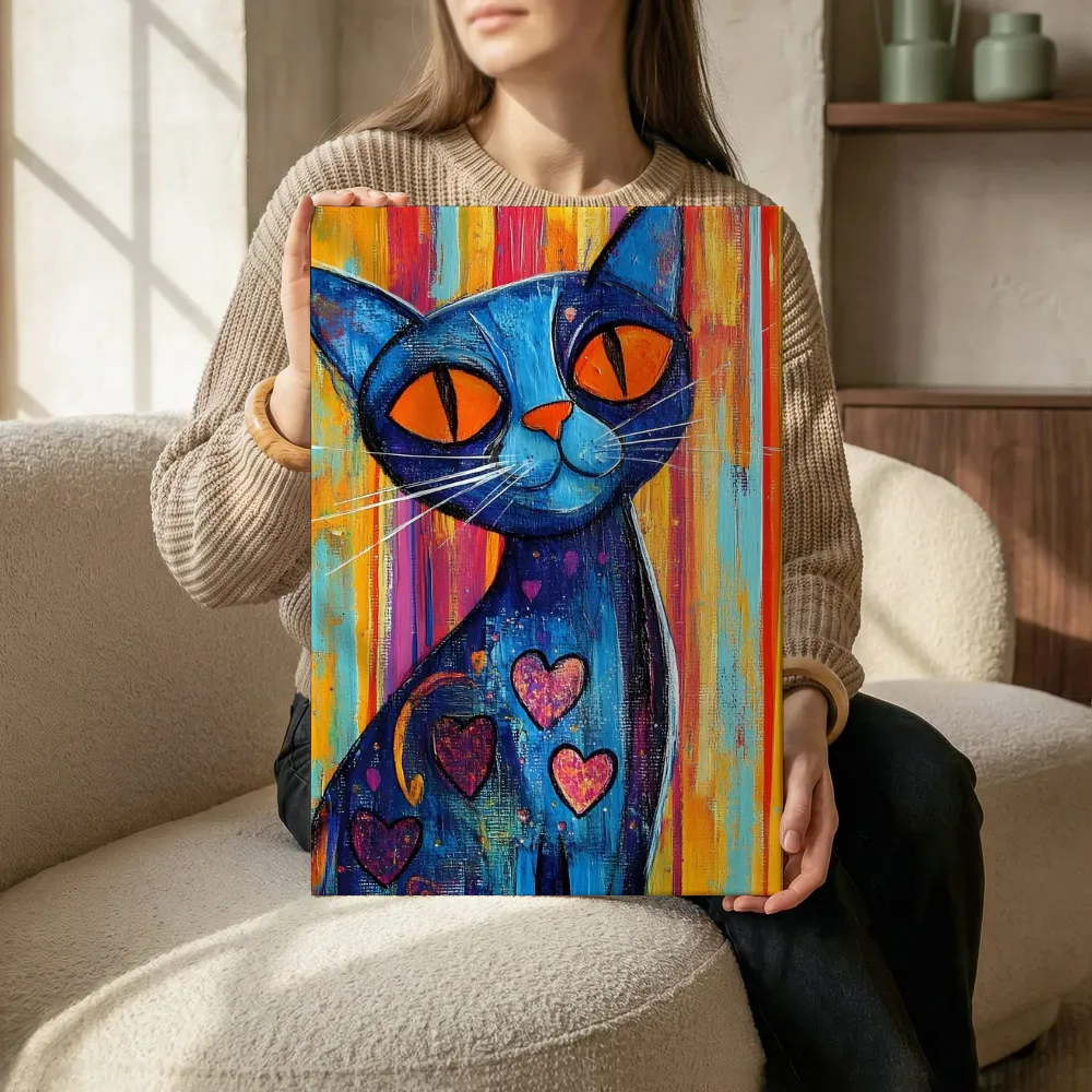 Sfeerimpressie: Blauwe kat op kleurige strepen schilderij terwijl het zittend wordt getoond