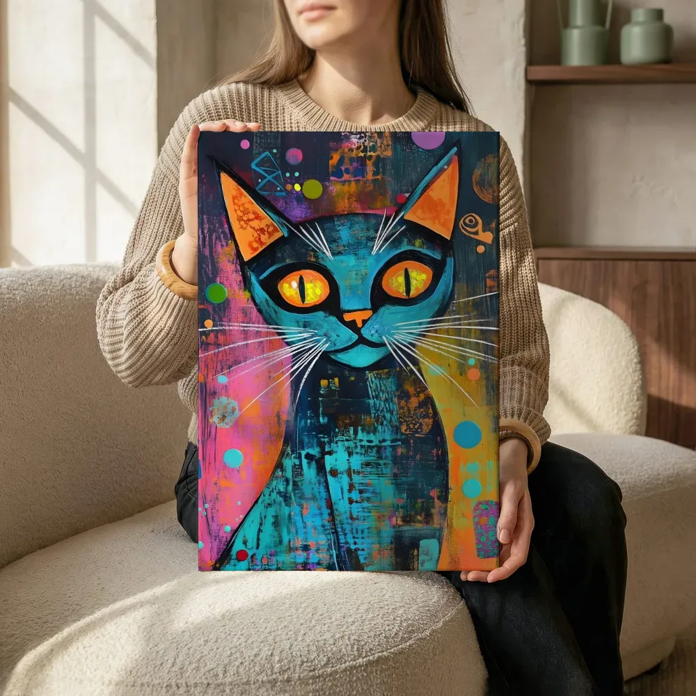 Sfeerimpressie: Blauwe kat met oranje oren terwijl het zittend wordt getoond