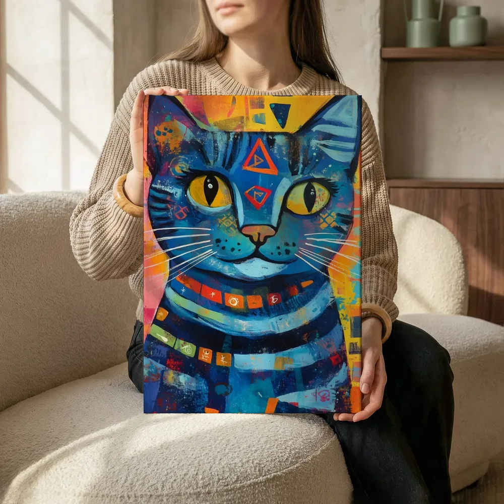 Sfeerimpressie: Blauwe kat met tribale symbolen terwijl het zittend wordt getoond