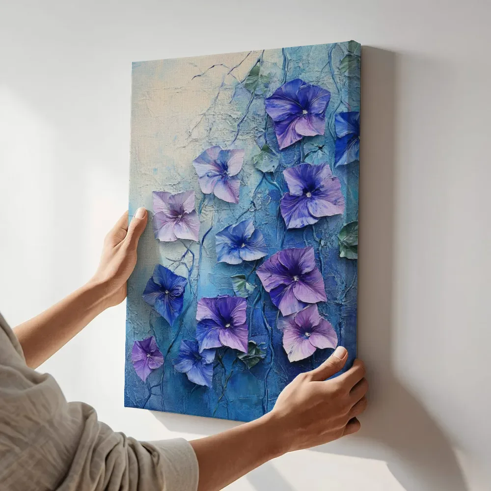 Sfeerimpressie: Blauwe klokjesbloemen schilderij terwijl het aan de muur wordt gehangen