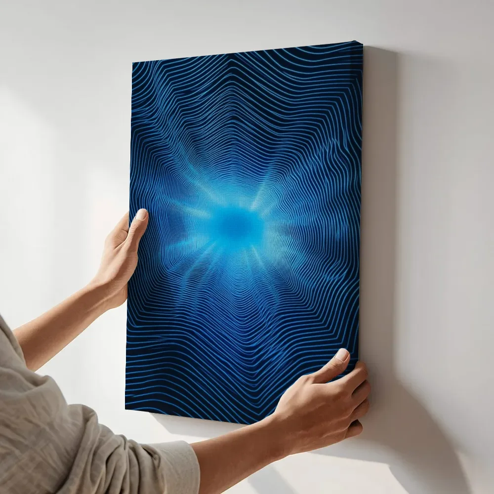 Sfeerimpressie: Blauwe lichtbundel terwijl het aan de muur wordt gehangen