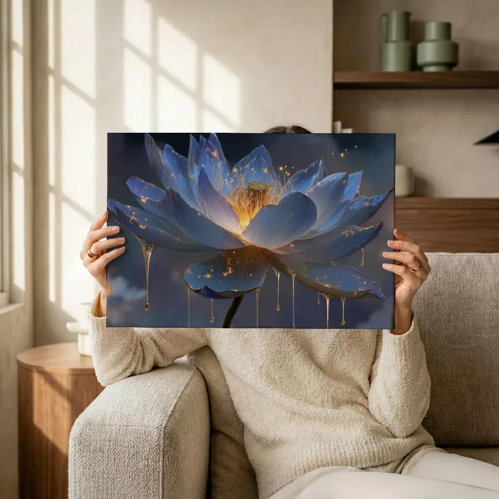 Sfeerimpressie: Blauwe lotus met gouden nectardruppels terwijl het omhoog wordt gehouden