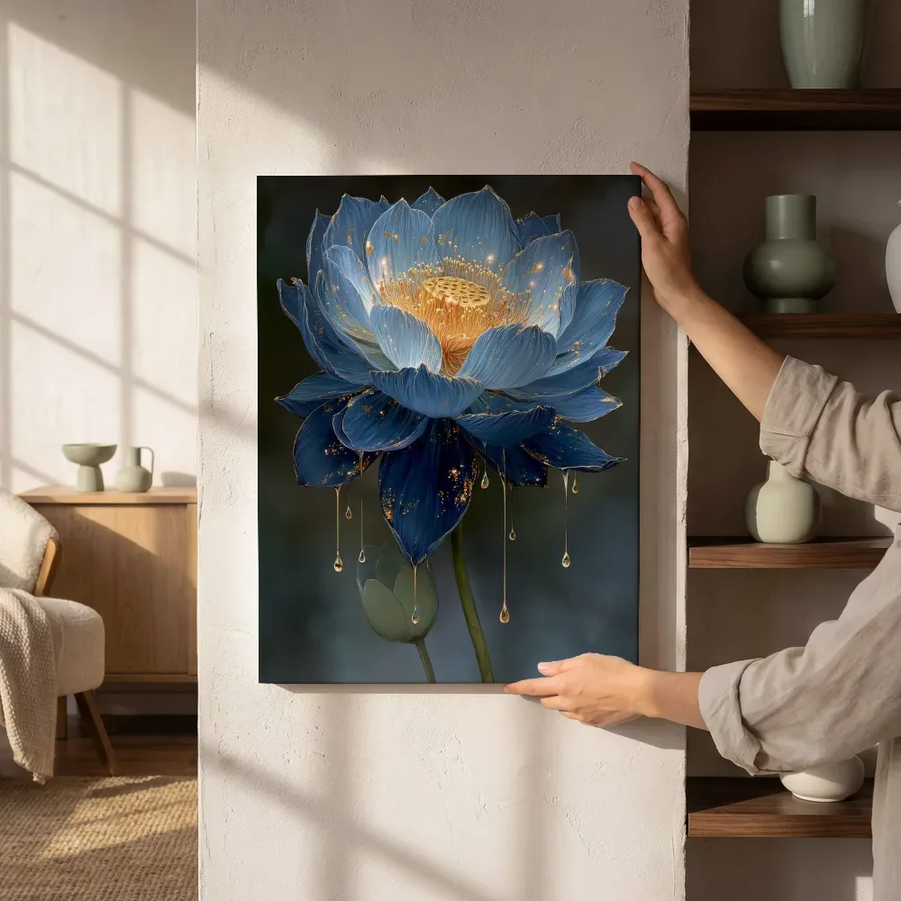 Sfeerimpressie: Blauwe lotus met lichtdruppels terwijl het aan de muur wordt gehangen