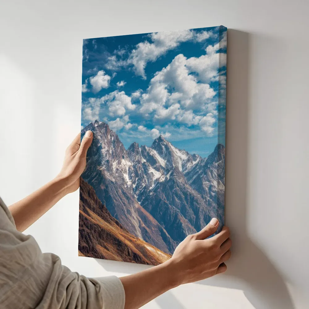 Sfeerimpressie: Blauwe lucht boven de bergketen terwijl het aan de muur wordt gehangen