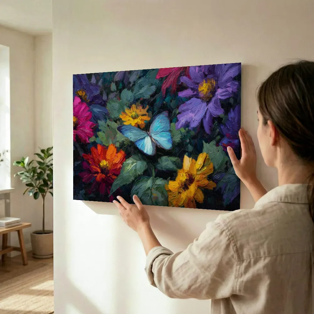Sfeerimpressie: Blauwe morpho vlinder terwijl het wordt opgehangen