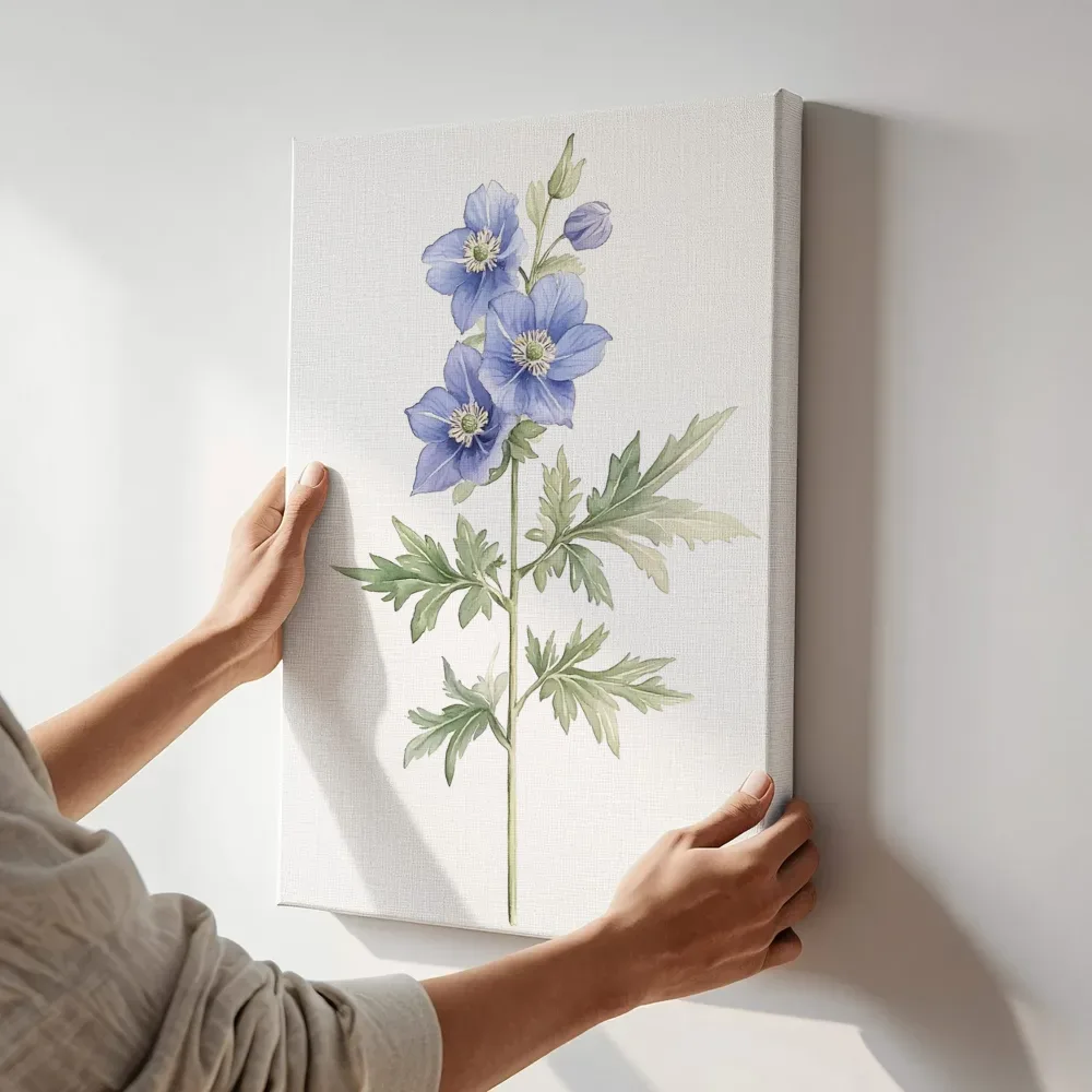Sfeerimpressie: Blauwe ridderspoor aquarel naast de kast