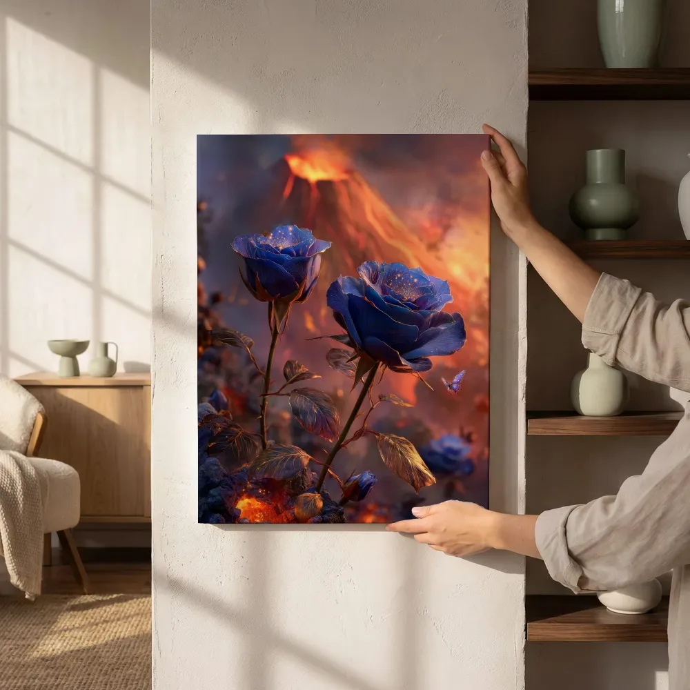 Sfeerimpressie: Blauwe rozen bij de lavastroom naast de kast