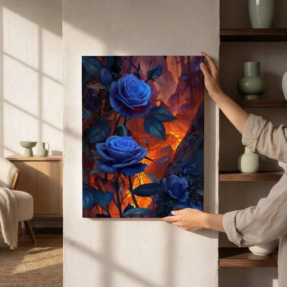 Sfeerimpressie: Blauwe rozen in het vurige woud naast de kast
