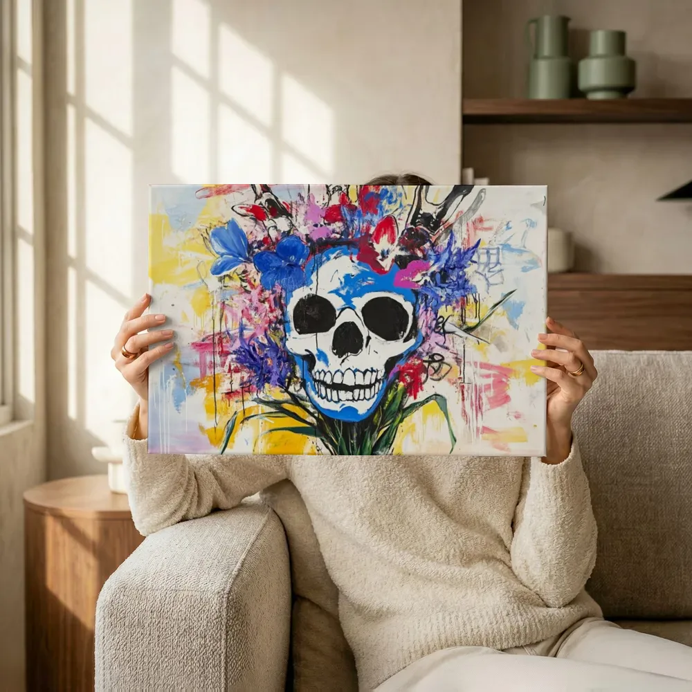 Sfeerimpressie: Blauwe schedel met bloemenkroon terwijl het omhoog wordt gehouden