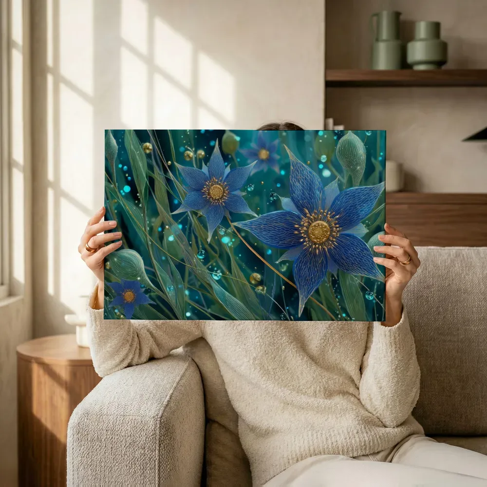 Sfeerimpressie: Blauwe sterbloemen met gouden hart terwijl het wordt opgehangen