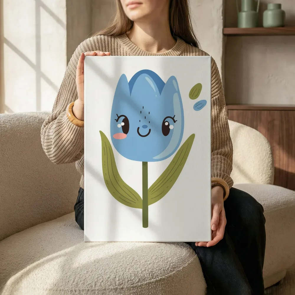 Sfeerimpressie: Blauwe tulp met gezichtje terwijl het zittend wordt getoond