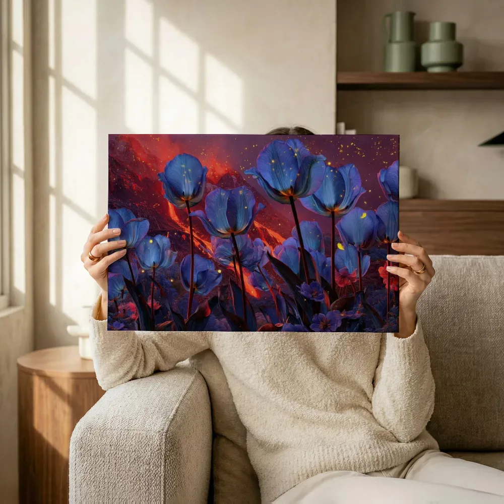 Sfeerimpressie: Blauwe tulpen en de lavastroom terwijl het omhoog wordt gehouden