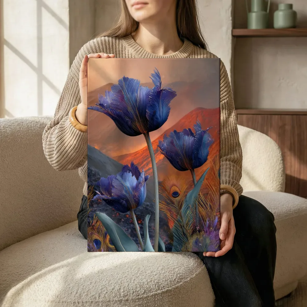 Sfeerimpressie: Blauwe tulpen tussen pauwenpracht terwijl het zittend wordt getoond