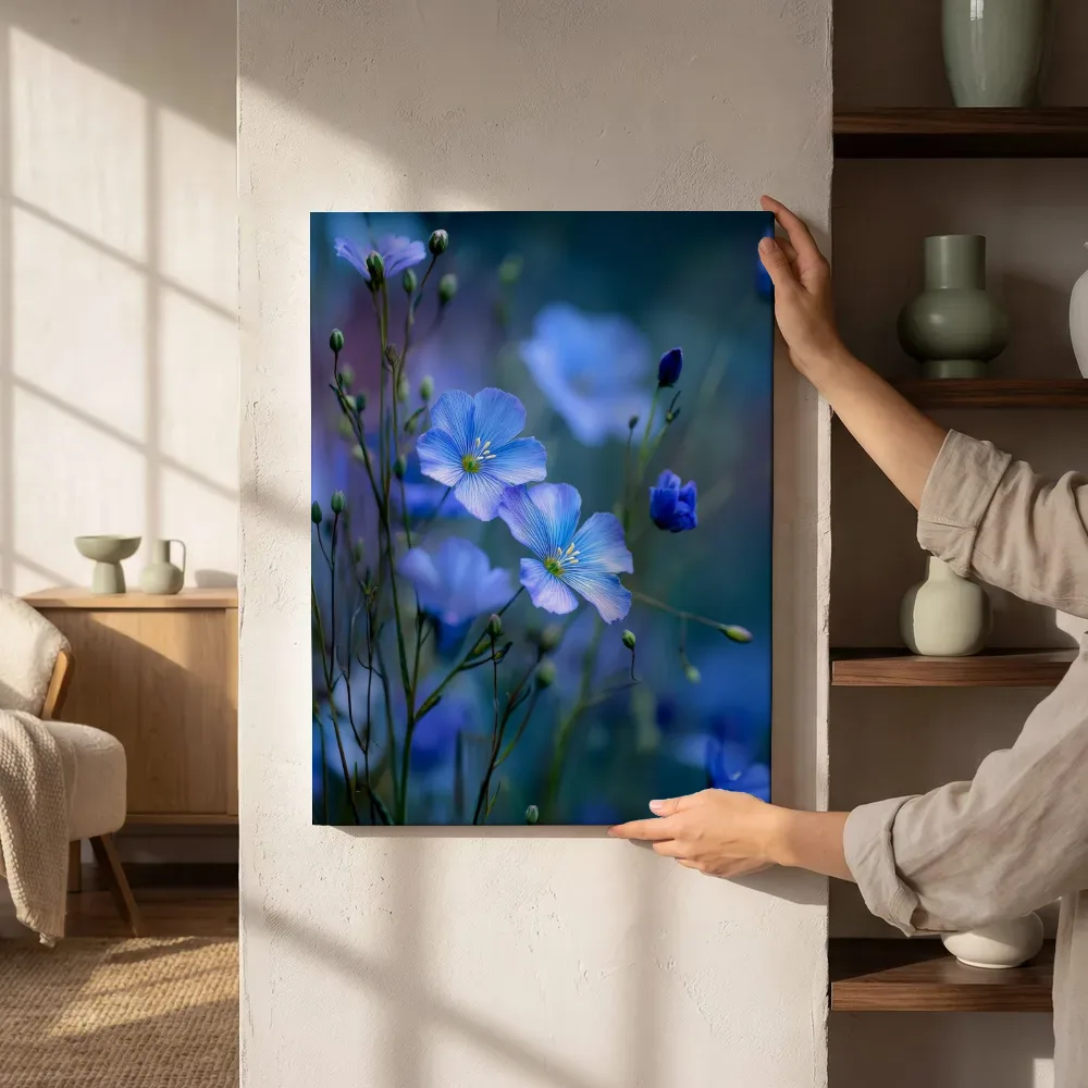 Sfeerimpressie: Blauwe vlasbloemen in macro naast de kast