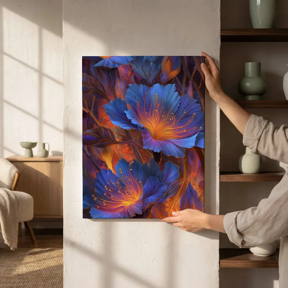Sfeerimpressie: Blauwe vuurbloemen naast de kast